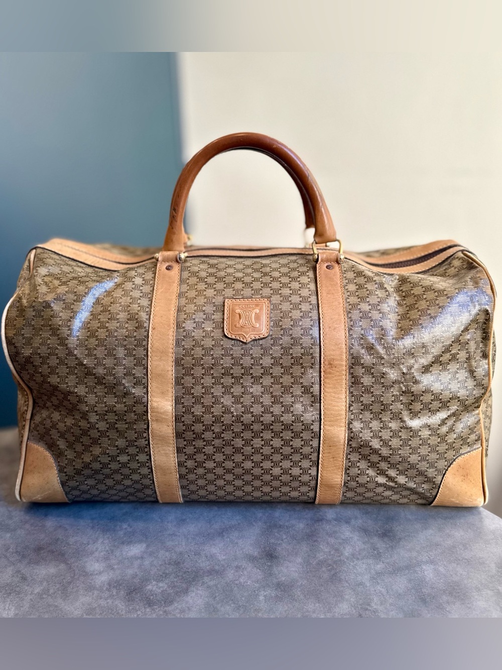 Celine Vintage Brown Travel Boston Bag or Duffel with Tan Leather Trim